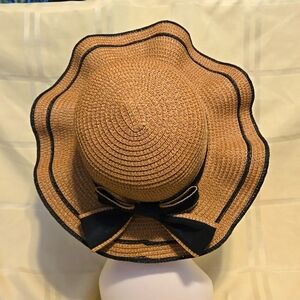Ladies Sun Hat with Elastic Neck Strap with Black Bow on Backside